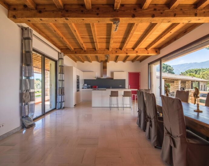 Exclusive, North of Ajaccio, Tiuccia, Calcatoggio,  stone-built villa, 5 bedrooms, pool, gym, sea view, walking distance to the beach