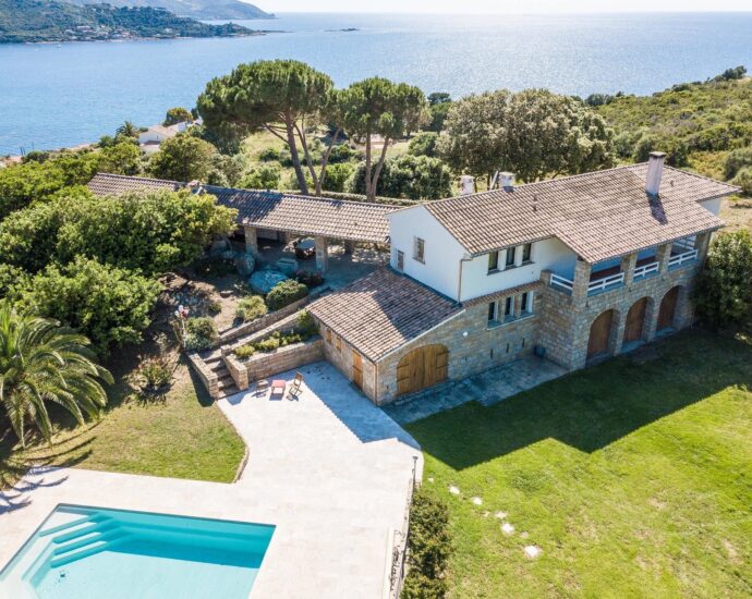 Exclusive, North of Ajaccio, Tiuccia, Calcatoggio,  stone-built villa, 5 bedrooms, pool, gym, sea view, walking distance to the beach