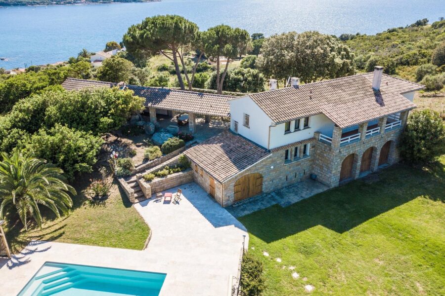 Exclusive, North of Ajaccio, Tiuccia, Calcatoggio,  stone-built villa, 5 bedrooms, pool, gym, sea view, walking distance to the beach
