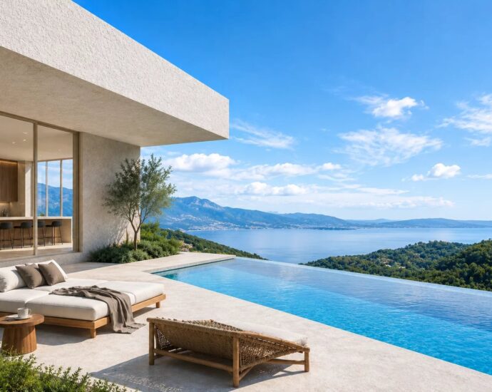 Lumio, Villa contemporaine, 4 chambres, vue mer, piscine, proche plage, vente en VEFA