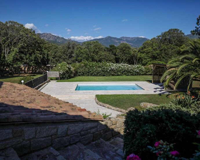 Exclusive, North of Ajaccio, Tiuccia, Calcatoggio,  stone-built villa, 5 bedrooms, pool, gym, sea view, walking distance to the beach