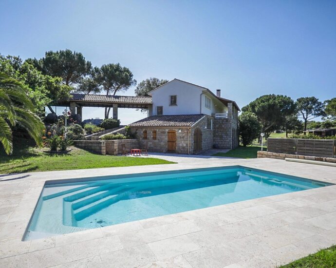 Exclusive, North of Ajaccio, Tiuccia, Calcatoggio,  stone-built villa, 5 bedrooms, pool, gym, sea view, walking distance to the beach