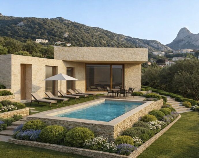 Lumio, Villa contemporaine, 4 chambres, vue mer, piscine, proche plage, vente en VEFA