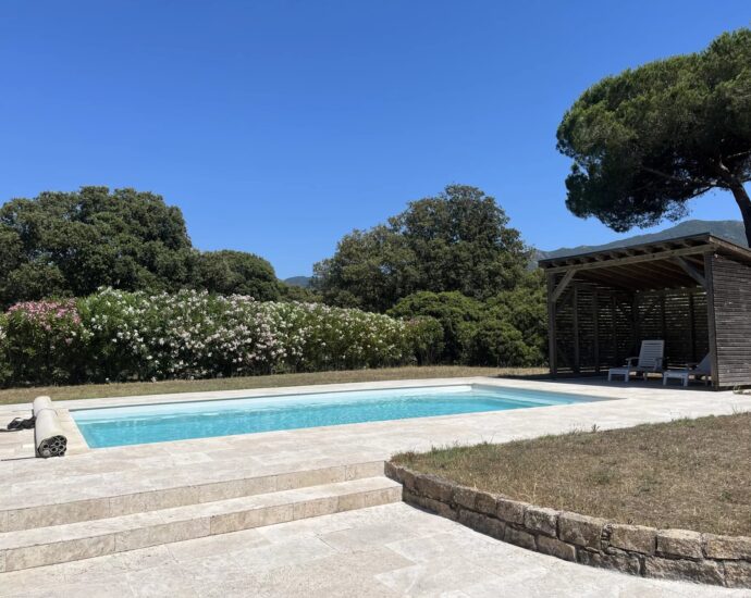Exclusive, North of Ajaccio, Tiuccia, Calcatoggio,  stone-built villa, 5 bedrooms, pool, gym, sea view, walking distance to the beach