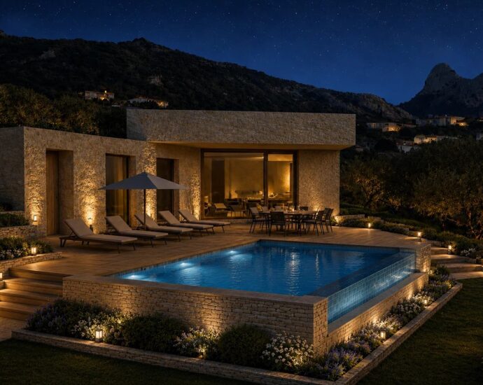 Lumio, Villa contemporaine, 4 chambres, vue mer, piscine, proche plage, vente en VEFA
